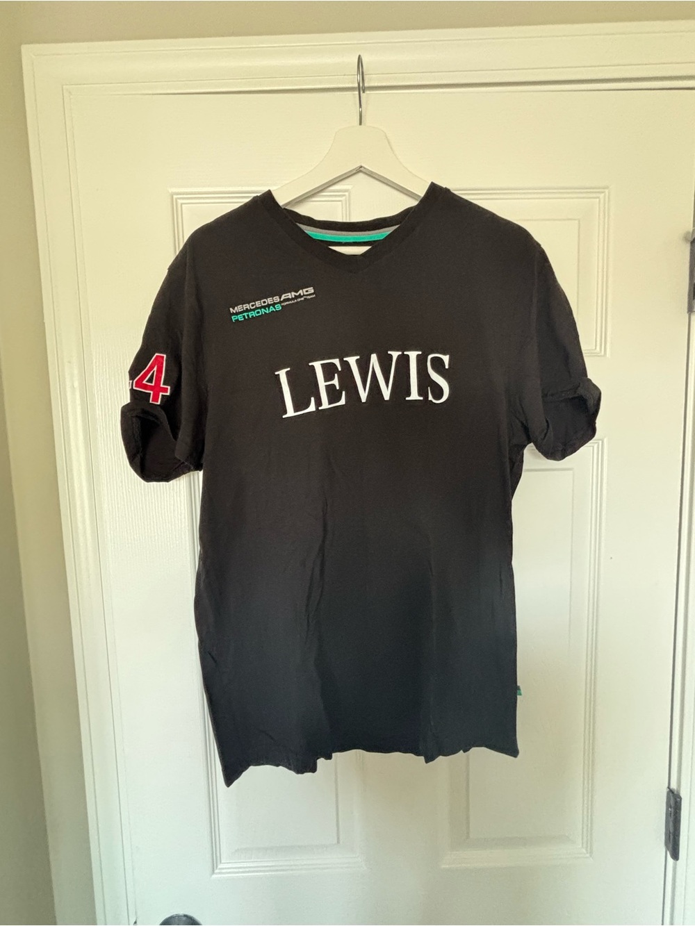 VintageMercedes AMG Petronas Black 'LEWIS' V‑Neck Fan Tee with Red Sleeve Number